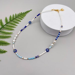 Blue and white Seed Beed Necklace for Women•  Vintage Boho  Jewelry •Short Collared Necklace• birthday gift• Summer Necklace