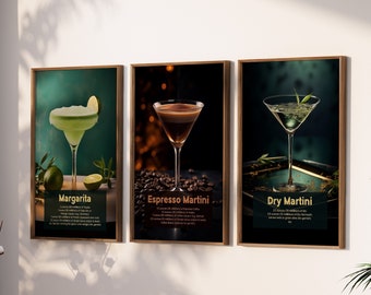 SET of 3 Cocktail Art Posters | Mixology Gift | Elegant Bar Kitchen Wall | Signature Drink Print | Espresso Martini, Margarita (UNFRAMED)