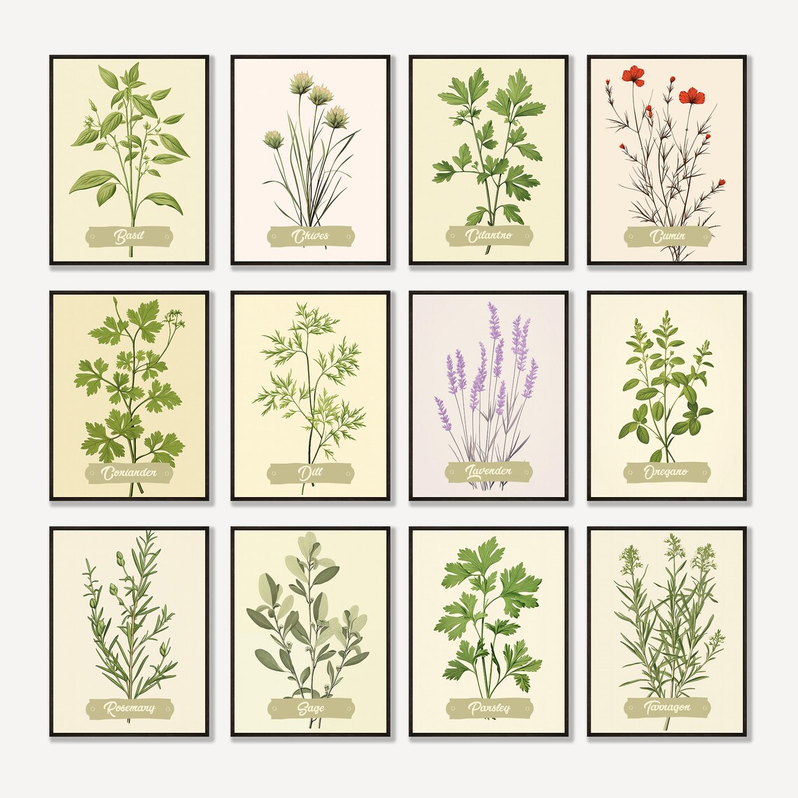 Set of 12 Kitchen Herbs Kitchen Wall Art Décor Printable Farmhouse Wall ...