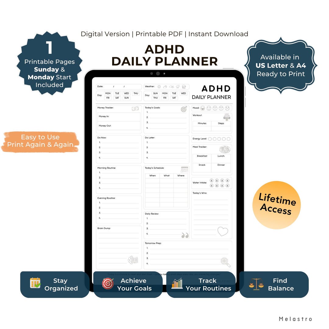 ADHD Daily Planner Printable, Focus Organizer, A4/US Letter PDF ...