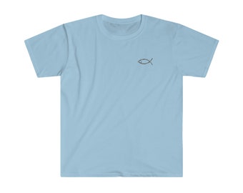 May include: A light blue t-shirt with a small, gray, embroidered ichthys symbol on the front.