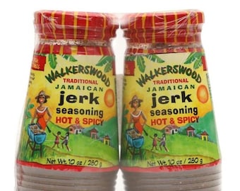 May include: Two jars of Walkerswood Traditional Jamaican Jerk seasoning, hot and spicy. Each jar has a red and yellow label with a woman cooking over a grill. The net weight is 10 oz (280 g).