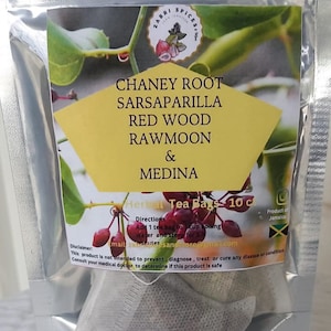 May include: A silver resealable pouch containing 10 tea bags of a herbal tea blend. The tea blend includes chane root, sarsaparilla, red wood, rawmoon, and medina. The pouch has a label with the name of the blend and directions for brewing. The label also includes a disclaimer that the product is not intended to prevent, diagnose, treat, or cure any disease or condition. Consult your medical doctor to determine if this product is safe.