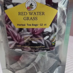 May include: A clear plastic bag filled with 12 individual tea bags labeled "Red Water Grass Herbal Tea Bags - 12 ct". The label is yellow with black text and a small image of a red fruit. The bag is sealed with a zipper.