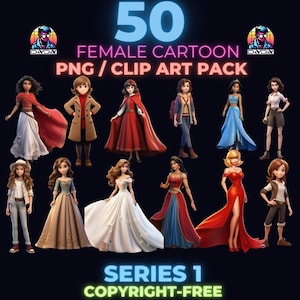 50 Female Cartoon Characters PNG Pack - Digital Download, Instant Clipart Collection for Invitations, Scrapbooking & DIY Crafts Princess