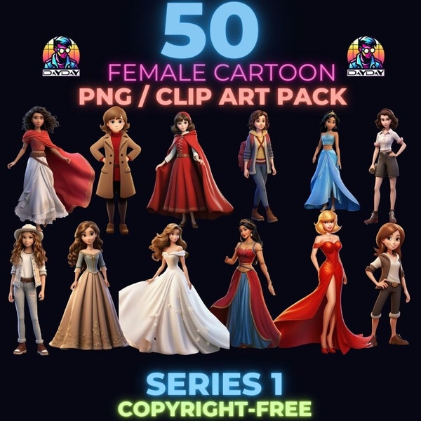50 Female Cartoon Clipart PNGs - Ideal for Kids' Party Decor, Educational Printables, and Craft Projects or Graphic Designers