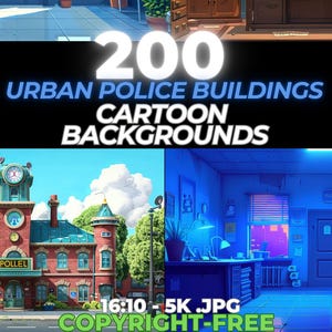 200 Urban Police Cartoon Backgrounds | 5K Digital Backdrops for Animation & Games | Instant Download