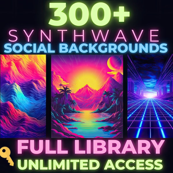 300+ Synthwave Retro Backgrounds for Social Media Posts | Complete Library Access | 80's Synth Tech IG Story 9x16 and 4x5 | Instant Download