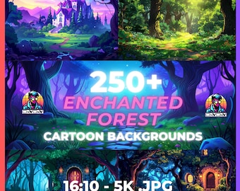 250+ Enchanted Forest Cartoon Scenes, 5K High-Res Backgrounds, Instant Digital Download, Premium Design Templates, Commercial Use Clipart