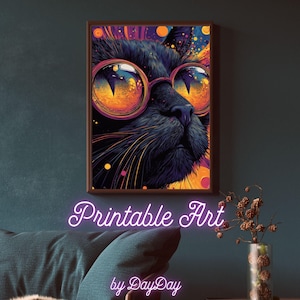 Galactic Cat Art Printable, Psychedelic Cat Poster, Colorful Wall Art, Cosmic Cat Illustration, Instant Download, Vibrant PRINTABLE, Dayday