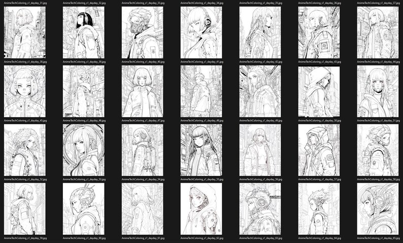 May include: A set of 24 black and white illustrations featuring anime characters in a cyberpunk setting. The characters are drawn in a detailed style with intricate clothing and accessories. The illustrations are perfect for coloring or using as inspiration for your own art.