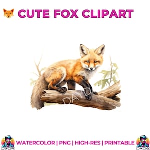 Clipart Renard aquarelle sur bûche | Art mural animal des bois | Téléchargement PNG imprimable | Décoration de chambre d'enfant de la faune de la forêt | Art numérique haute résolution