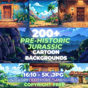 200+ Jurassic Era Cartoon Backgrounds Bundle, Dinosaur Prehistoric Backdrops, Digital Interior & Landscape Illustrations for Crafts Design