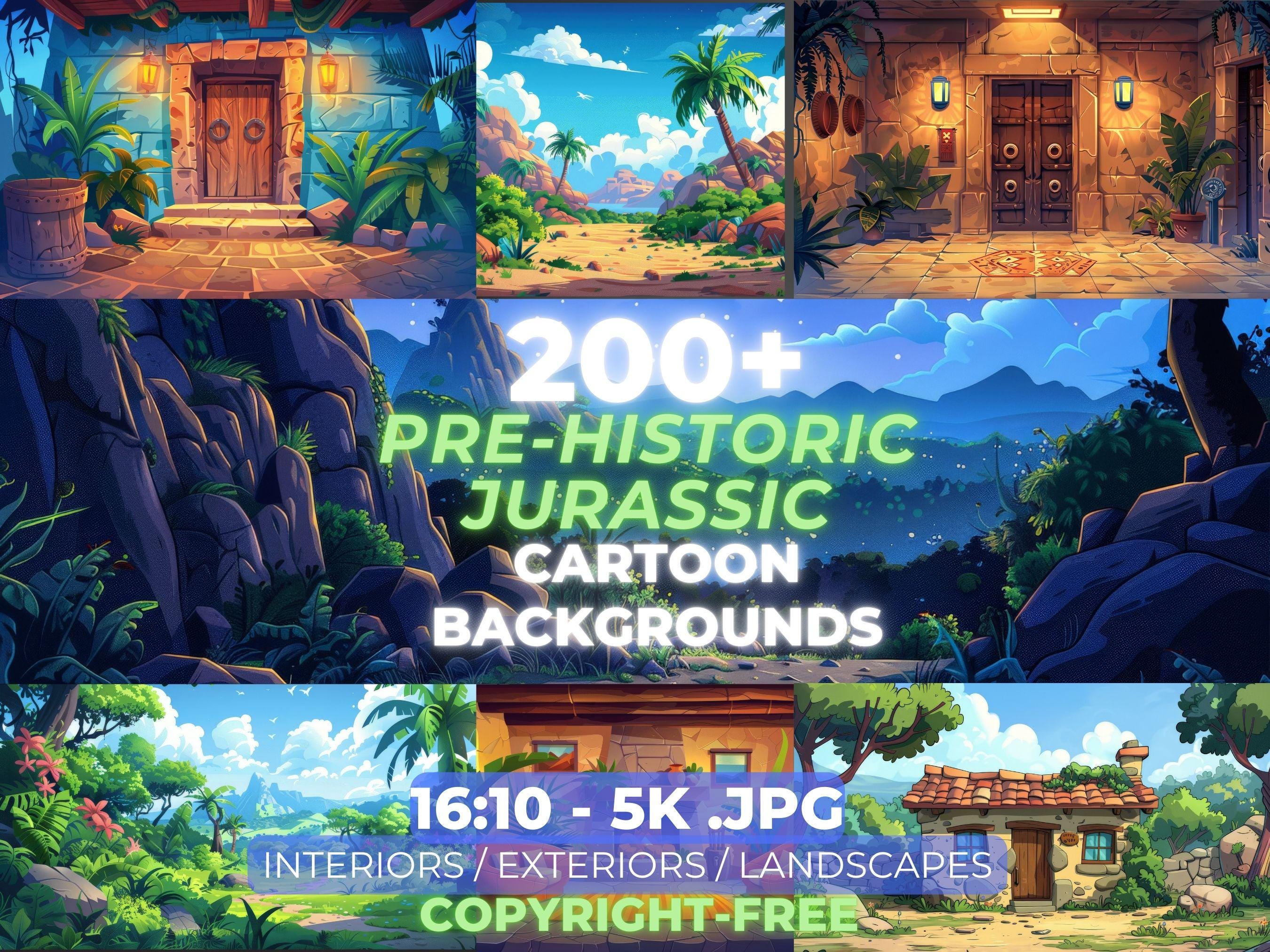 200+ Jurassic Era Cartoon Backgrounds Bundle, Dinosaur Prehistoric Backdrops, Digital Interior & Landscape Illustrations for Crafts Design