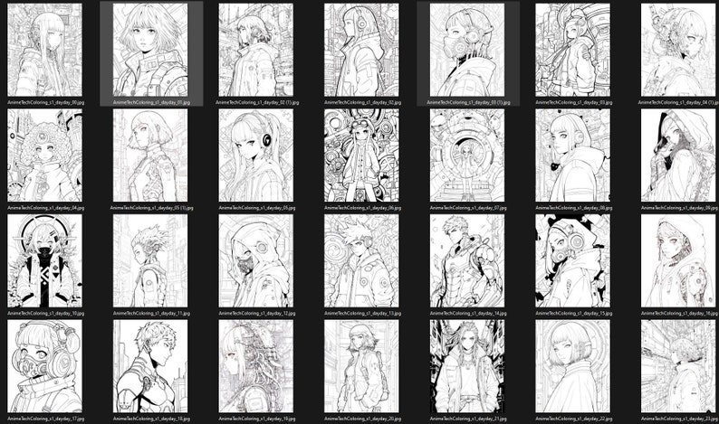 May include: A collection of 24 black and white illustrations featuring anime characters in a cyberpunk setting. The characters are drawn in a detailed style with intricate clothing and accessories.