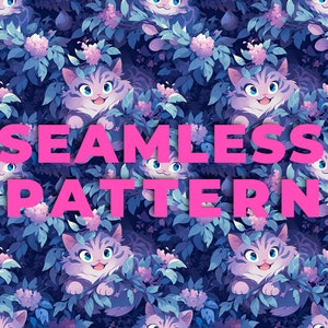 Seamless Cat Pattern | Cute Cheshire Cat Illustration Digital Paper Sublimation PNG Scrapbooking Alice in Wonderland Commercial Use Download