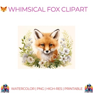 Clipart renard aquarelle avec carte de voeux couronne de fleurs imprimable – Téléchargement PNG | Pas de droits d'auteur, usage commercial Fleurs de printemps