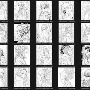 May include: A collection of 25 black and white line drawings of anime characters in various poses and outfits. The characters are all drawn in a detailed and realistic style, with intricate details in their clothing and hair.
