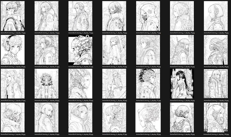 May include: A collection of 25 black and white line drawings of anime characters in various poses and outfits. The characters are all drawn in a detailed and realistic style, with intricate details in their clothing and hair.