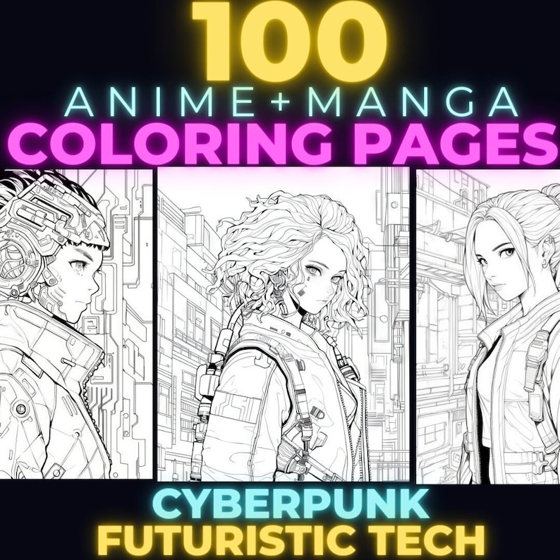 May include: A set of 100 black and white coloring pages featuring cyberpunk and futuristic tech anime and manga characters. The characters are drawn in a detailed style with intricate lines and shading.