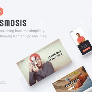 Może przedstawiać: Projekt makiety strony internetowej z tekstem "OSMOSIS" i sloganem "Ustanowienie prostoty zaplecza, mnożąc możliwości interfejsu." Makiety pokazują r&oacute;żne strony internetowe z tekstem "Stand Out From The Pack", "Select Styles" i "Feature Slider".