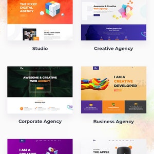 May include: Six different website home page designs featuring colorful geometric shapes and text. The designs include a studio, creative agency, corporate agency, business agency, agency dark, and online shop.