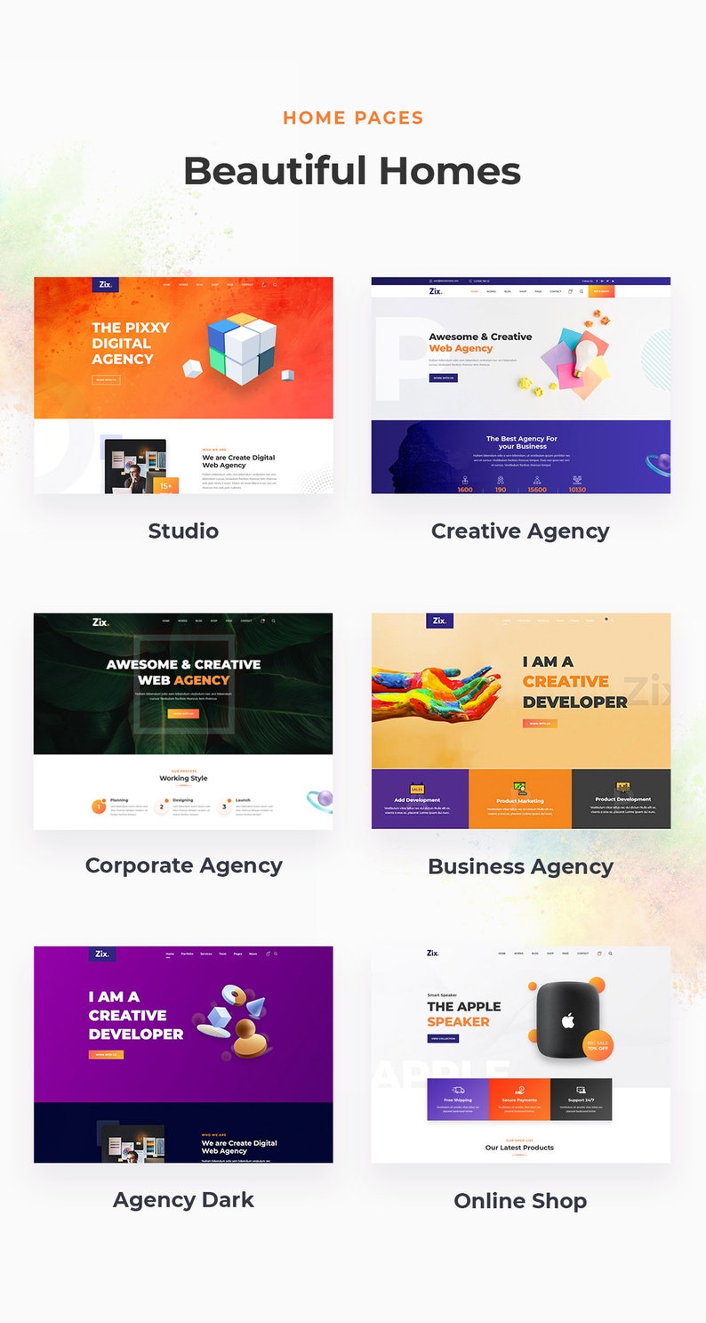 May include: Six different website home page designs featuring colorful geometric shapes and text. The designs include a studio, creative agency, corporate agency, business agency, agency dark, and online shop.