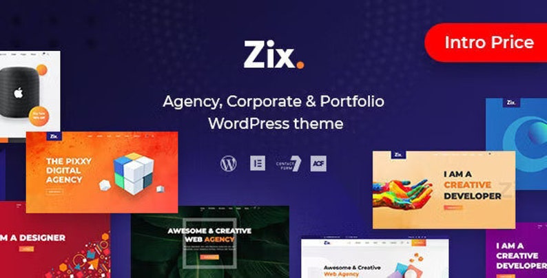May include: A website design template for agencies, corporations, and portfolios. The template features a colorful design with a variety of images and text. The text includes the words "The Pixxy Digital Agency", "I am a Designer", "Awesome & Creative Web Agency", "I am a Creative Developer", and "Zix."
