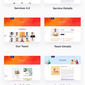 May include: A collection of website page designs for a business. The pages include about us, services, team, portfolio, pricing, contact, and a 404 error page. The pages feature a modern, clean design with bright colors and illustrations.