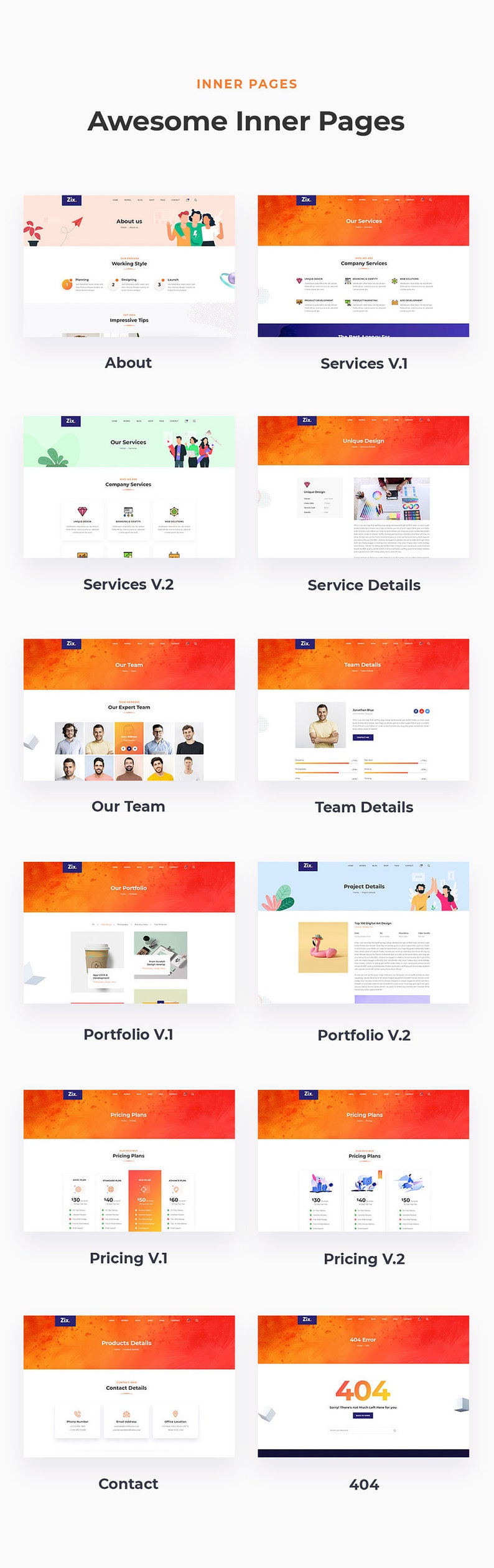May include: A collection of website page designs for a business. The pages include about us, services, team, portfolio, pricing, contact, and a 404 error page. The pages feature a modern, clean design with bright colors and illustrations.