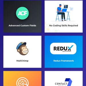 May include: A graphic showing the core features of a website theme. The features include Advanced Custom Fields, No Coding Skills Required, MailChimp, Redux Framework, One Click Demo Import, and Contact Form 7.