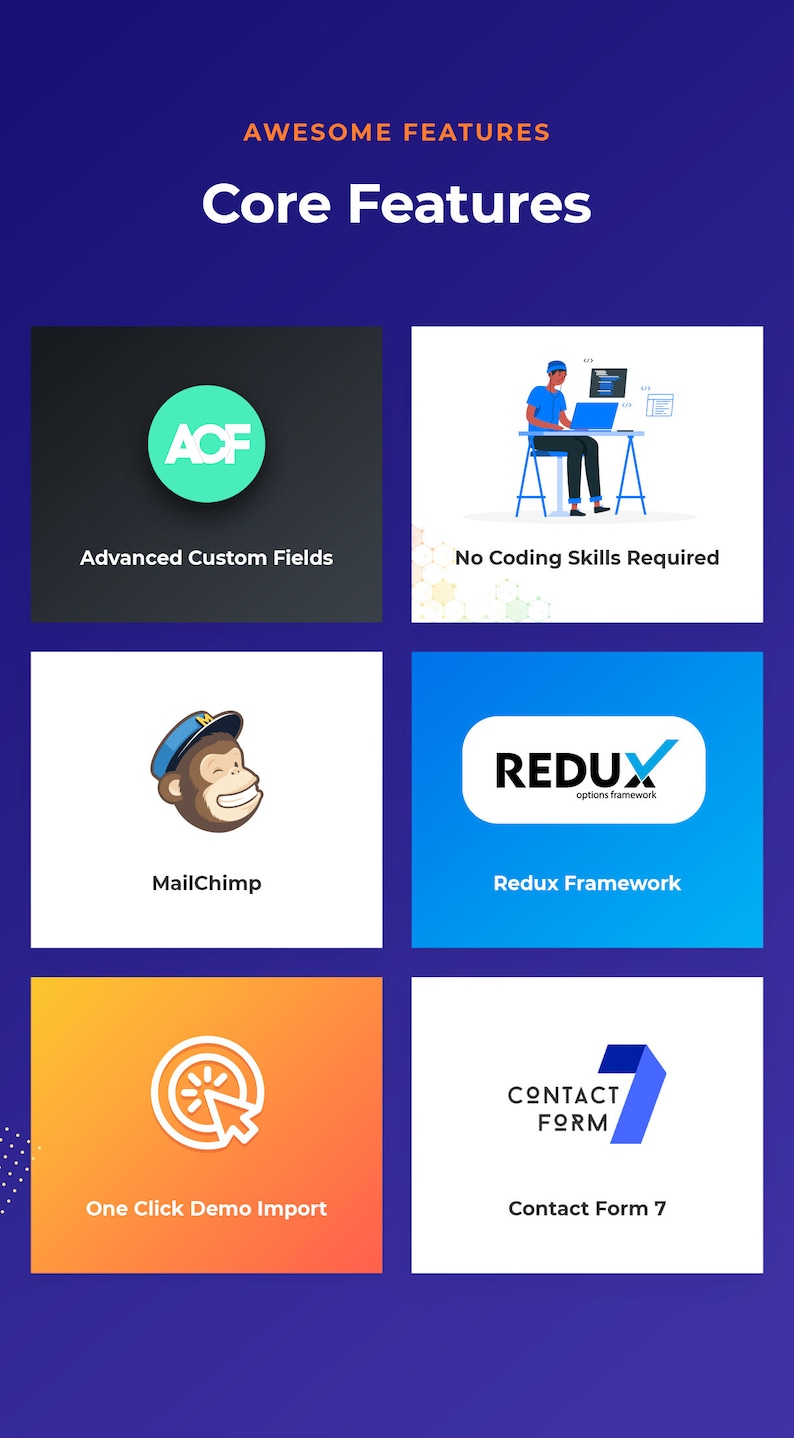May include: A graphic showing the core features of a website theme. The features include Advanced Custom Fields, No Coding Skills Required, MailChimp, Redux Framework, One Click Demo Import, and Contact Form 7.