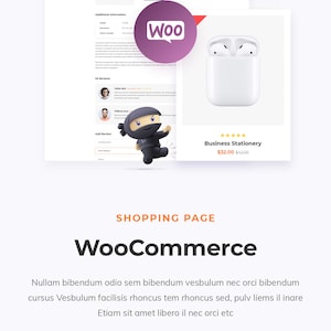 May include: A white wireless earbud case with a purple WooCommerce logo and the text "Business Stationery $32.00 $42.00". The image also shows a smartwatch and a shopping cart icon.