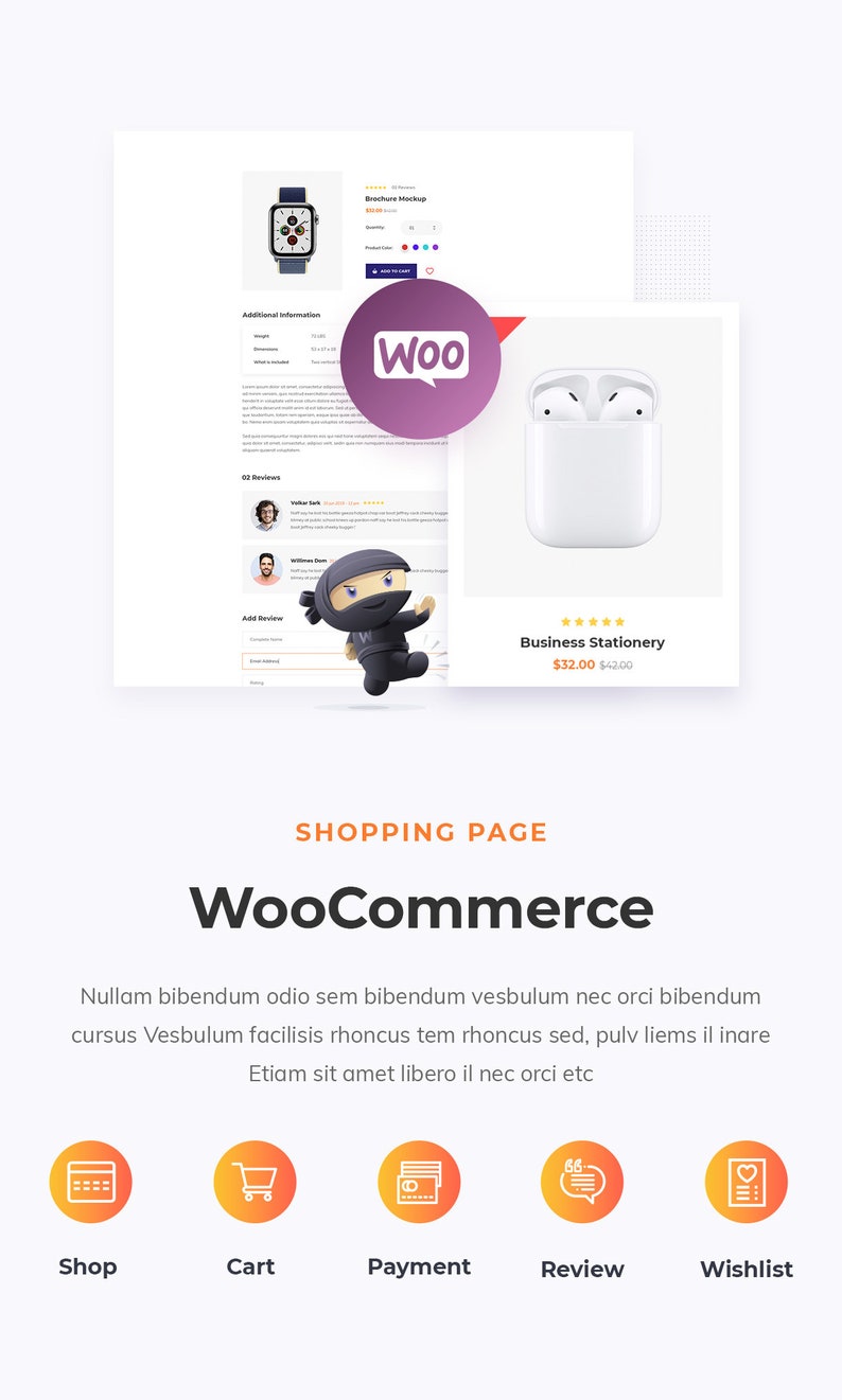 May include: A white wireless earbud case with a purple WooCommerce logo and the text "Business Stationery $32.00 $42.00". The image also shows a smartwatch and a shopping cart icon.
