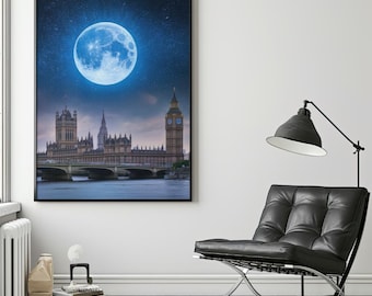 Super Blue Moon Magic Over London - Betoverende muurdecoratie nachtelijke hemel