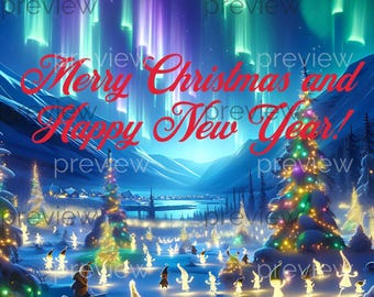 Betoverd dorp van de kerstman onder Aurora Borealis - prettige kerstdagen en gelukkig nieuwjaar - digitale kunst direct downloaden