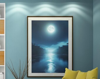 Mystieke Amazone-rivier bij nacht muurkunst - maan reflectie in water print | 600 dpi | JPG, pdf, SVG