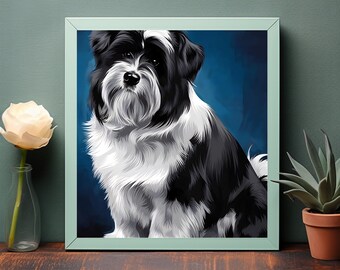 Pluizige zwart-witte hondenkunst - moderne schilderkunstige digitale print voor uniek wanddecor - Instant downloadbaar kunstwerk