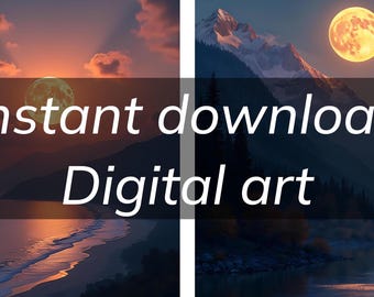 Oogstmaan | Serene kustzonsondergang met lichtgevende maansopgang - rustige digitale kunst voor directe download