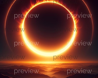 Adembenemende zonsverduistering met vurige ring en nevelige bergen - een prachtige afdrukbare digitale kunst voor directe download