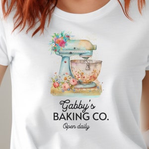 Personalized Baker&#39;s Shirt, Custom Baker Shirt, Teal Stand Mixer Floral TShirt, Floral Baker Shirt With Name, Gift for Baker, Pastry Chef