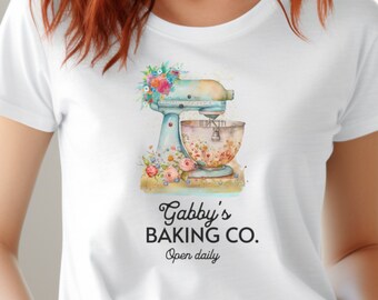Personalisiertes Bäckerhemd, benutzerdefiniertes Bäckerhemd, blaugrünes Standmixer-Blumen-T-Shirt, Blumenbäcker-Shirt mit Namen, Geschenk für Bäcker, Konditor