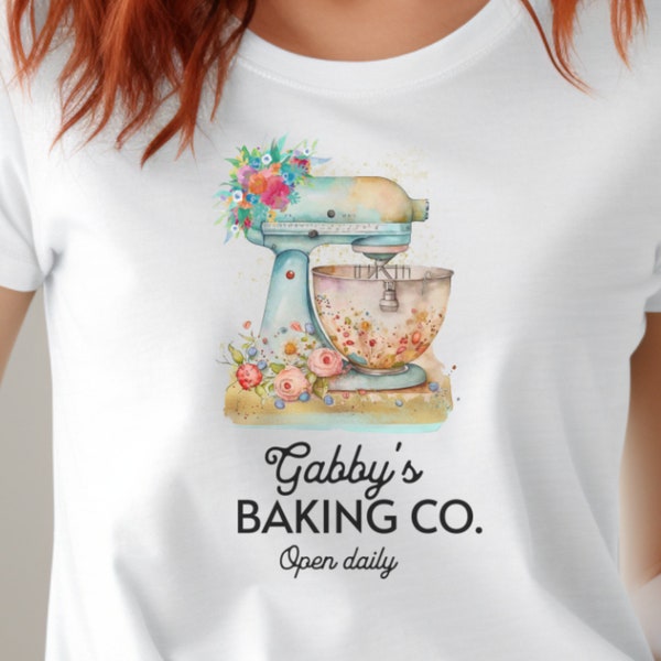 Gepersonaliseerde Baker's Shirt, Custom Baker Shirt, Teal Stand Mixer Floral TShirt, Floral Baker Shirt met naam, Cadeau voor Baker, Pastry Chef