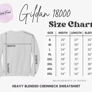 K&ouml;nnte beinhalten: Gr&ouml;&szlig;entabelle Gildan 18000 f&uuml;r schwere, melierte Crewneck-Sweatshirts. Die Tabelle zeigt die Ma&szlig;e in Zoll f&uuml;r Breite, L&auml;nge und &Auml;rmell&auml;nge f&uuml;r die Gr&ouml;&szlig;en S bis 5XL.