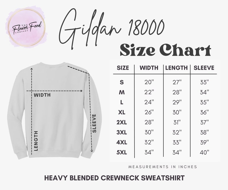 K&ouml;nnte beinhalten: Gr&ouml;&szlig;entabelle Gildan 18000 f&uuml;r schwere, melierte Crewneck-Sweatshirts. Die Tabelle zeigt die Ma&szlig;e in Zoll f&uuml;r Breite, L&auml;nge und &Auml;rmell&auml;nge f&uuml;r die Gr&ouml;&szlig;en S bis 5XL.