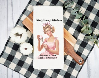 Retro Kitchen Tea Towel, Funny Kitchen Towel, Pink Retro Tea Towel, Unique Holiday Gift, Gift for Her, Mom Gift, Sister Gift, Friend Gift