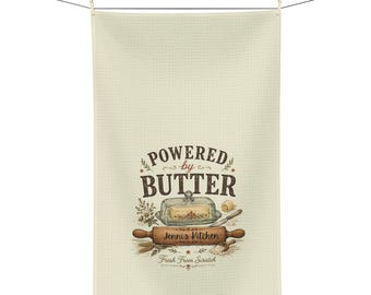 Personalized Butter Tea Towel | Vintage Baking Kitchen Towel, Powered by Butter Tea Towel, Baker's Gift, Mom Baker Gift, Vintage Kitchen