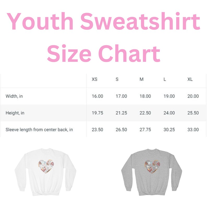 K&ouml;nnte beinhalten: Gr&ouml;&szlig;entabelle f&uuml;r Jugend-Sweatshirts mit Ma&szlig;en in Zoll f&uuml;r die Gr&ouml;&szlig;en XS, S, M, L und XL. Die Tabelle zeigt die Breite, H&ouml;he und &Auml;rmell&auml;nge vom R&uuml;ckenmittelpunkt.