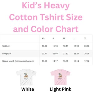 May include: Size chart for a kid's heavy cotton t-shirt in white and light pink. The chart shows the width, length, and sleeve length in inches for sizes XS, S, M, L, and XL.