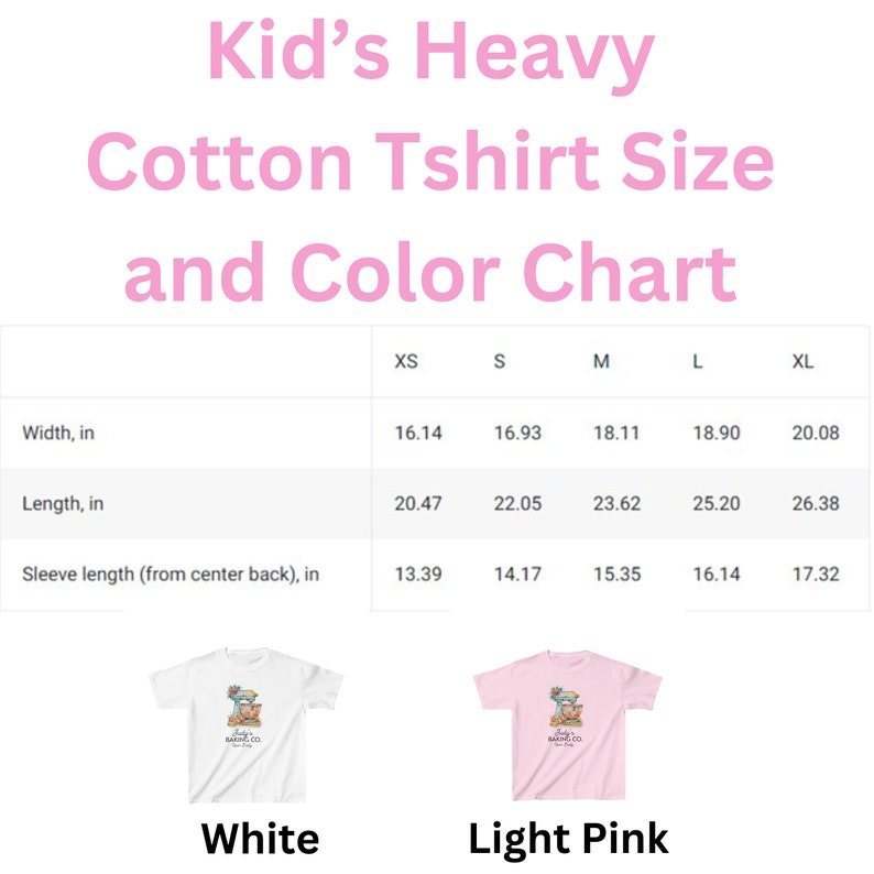 May include: Size chart for a kid's heavy cotton t-shirt in white and light pink. The chart shows the width, length, and sleeve length in inches for sizes XS, S, M, L, and XL.